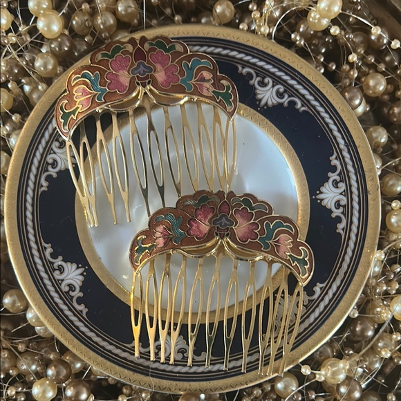 Vintage Gold-Tone Cloisonné Hair Combs
